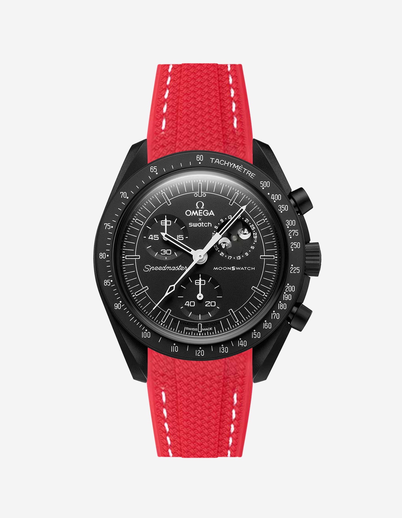 Black Omega X Swatch MoonSwatch Mission to The Moonphase - New Moon with a red vertech rubber watch strap and a with detailed face on a white background