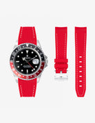 Red Vertech rubber strap for Rolex GMT Master II 16710 Coke shown with watch and separate strap parts