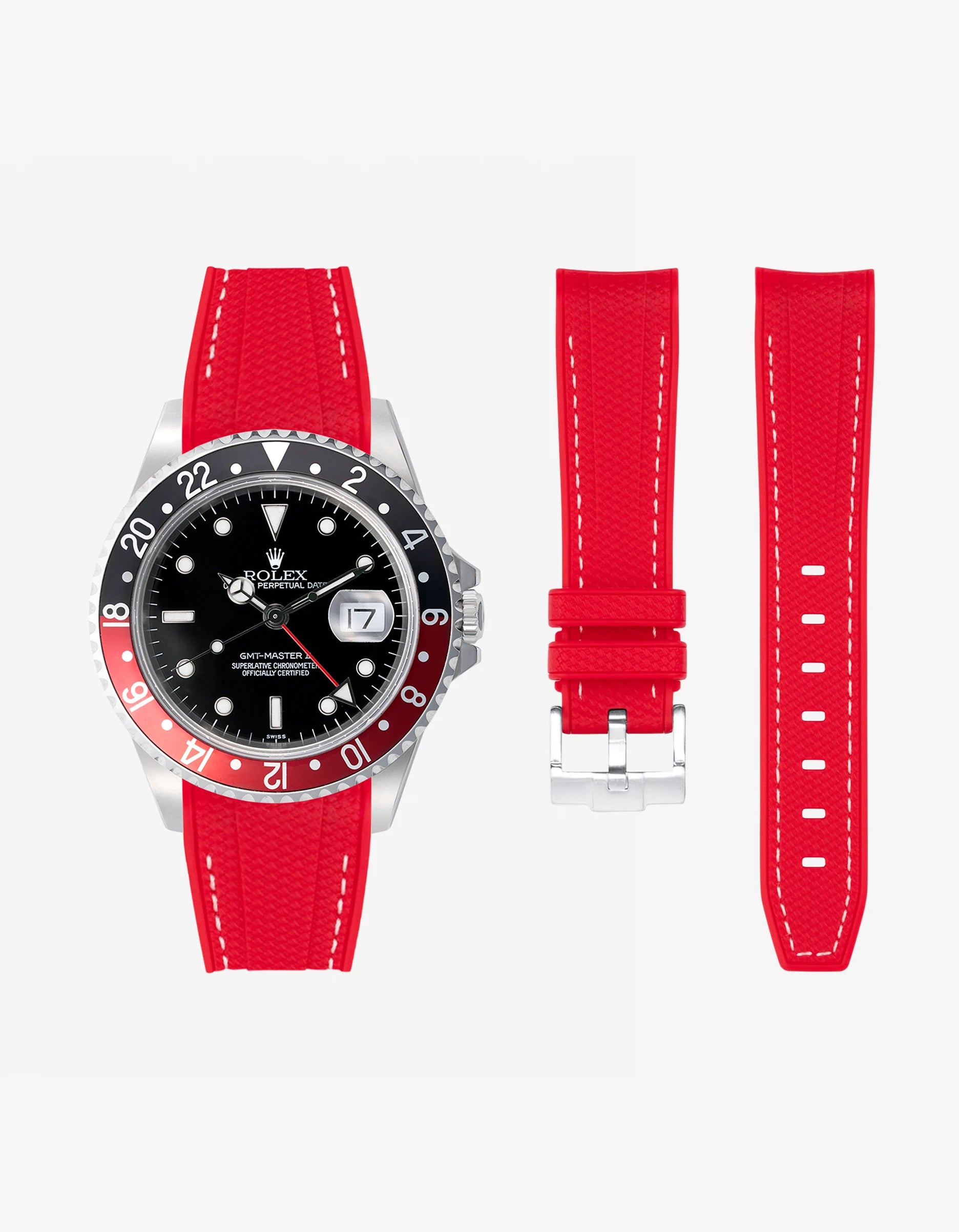 Red Vertech rubber strap for Rolex GMT Master II 16710 Coke shown with watch and separate strap parts