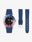 Blue Vertech rubber strap for Rolex GMT Master II 16710 Pepsi shown with watch and separated strap parts