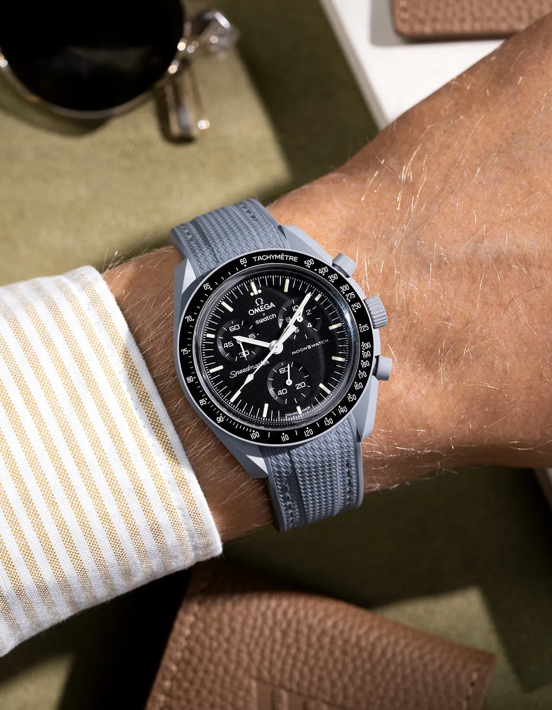 Dark grey Vertech rubber strap for all MoonSwatch models – wrist shot on MoonSwatch Mission to the Moon