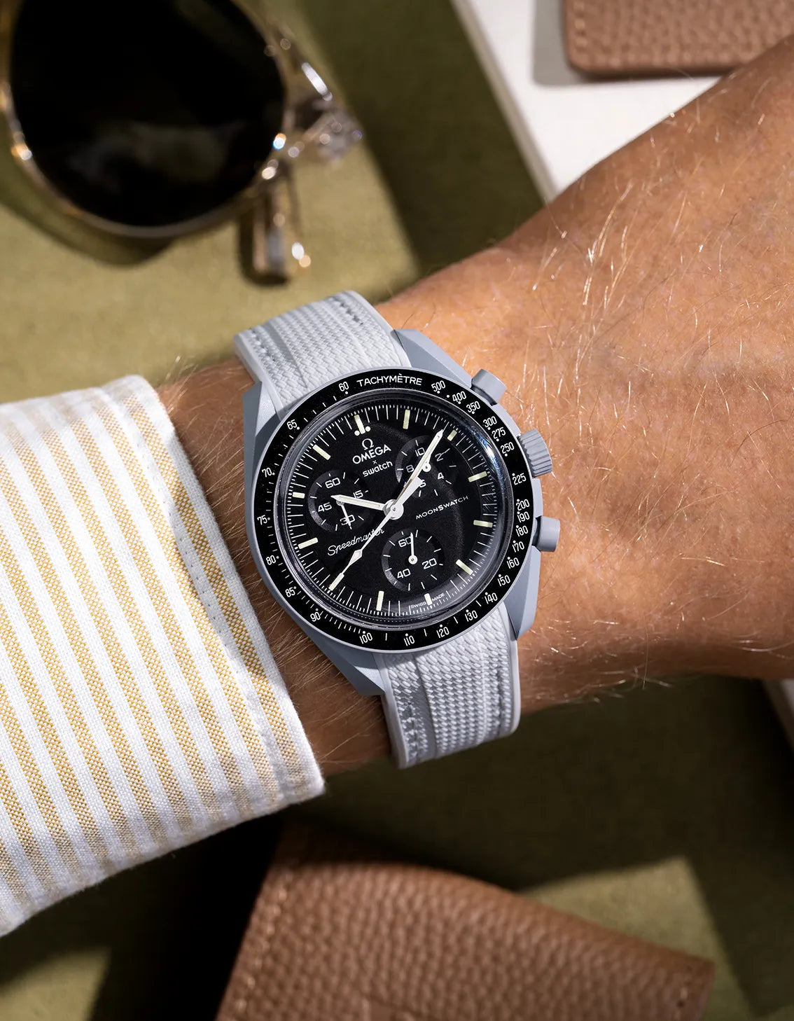 Grey Curved vertech rubber strap for all MoonSwatch models – wrist shot on MoonSwatch Mission to the Moon