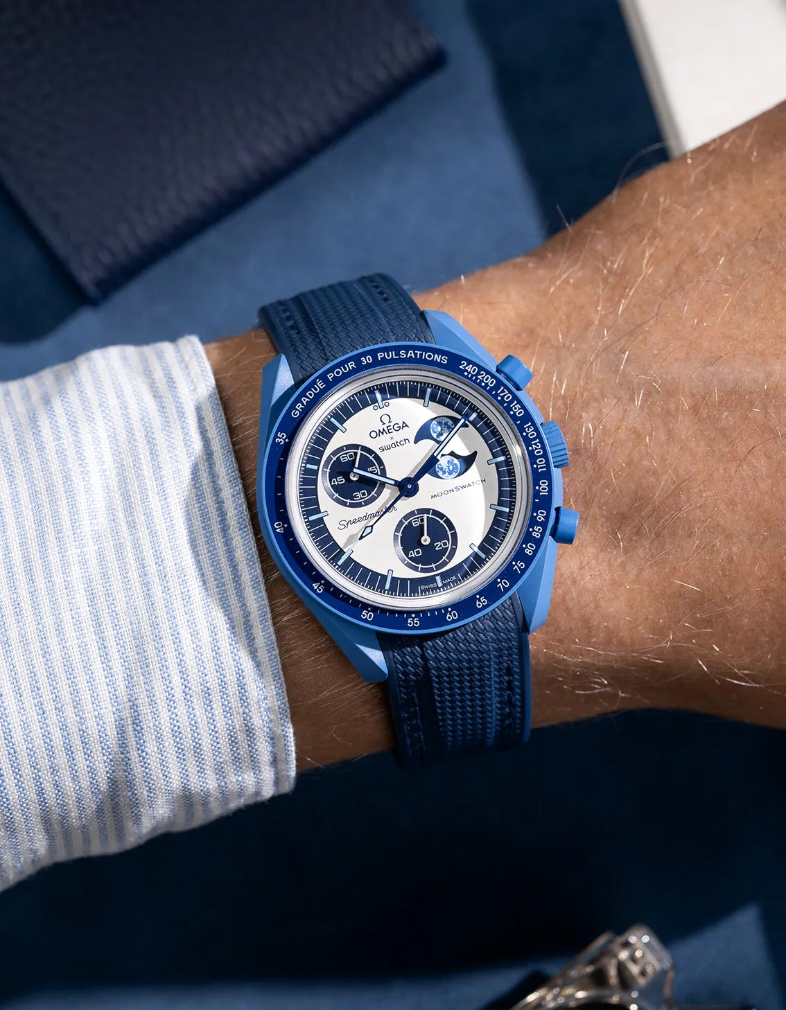 Rubber strap for Omega x Swatch MoonSwatch – wrist shot with navy blue curved vertech rubber strap on Mission to the Super Blue Moonphase