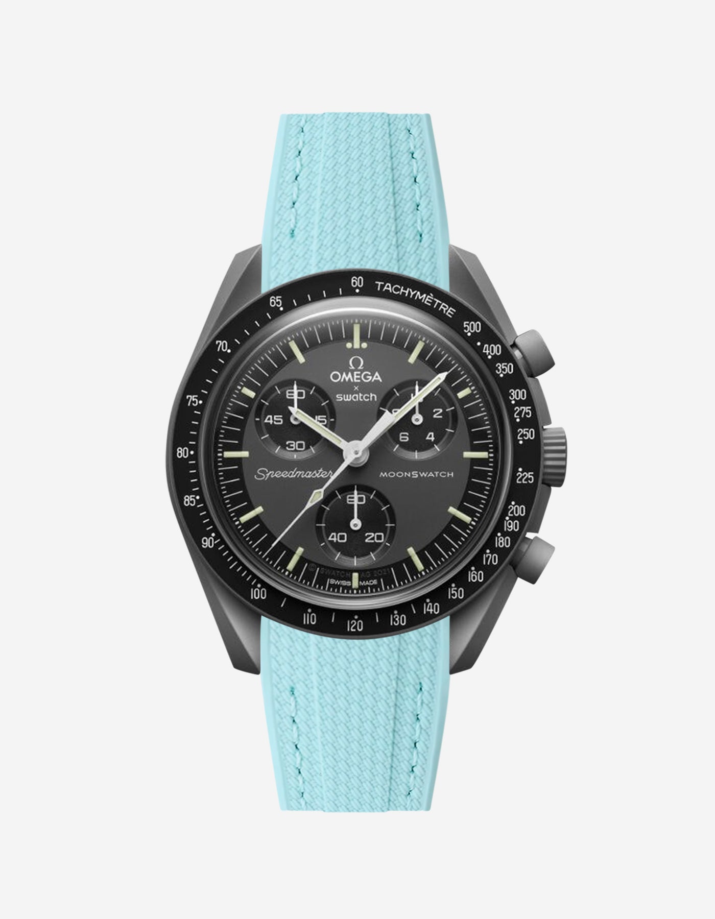 Black Omega  X Swatch Mercury  watch with detailed face on a white background