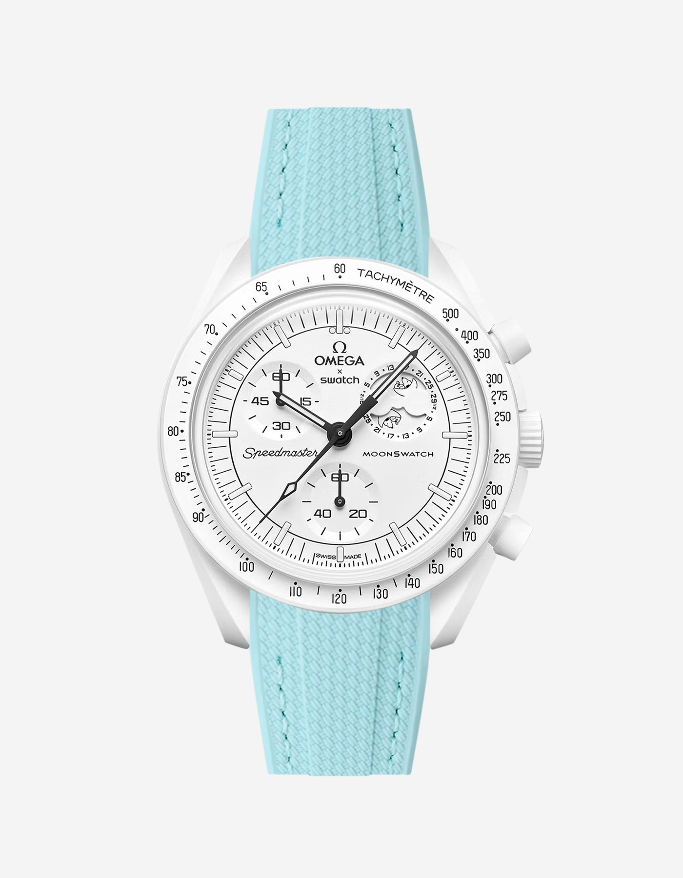 Omega X Swatch MoonSwatch Mission to the MoonPhase on a turqouise vertech rubber watch strap with a white background showcasing both the watch and the watch strap from Wristbuddys