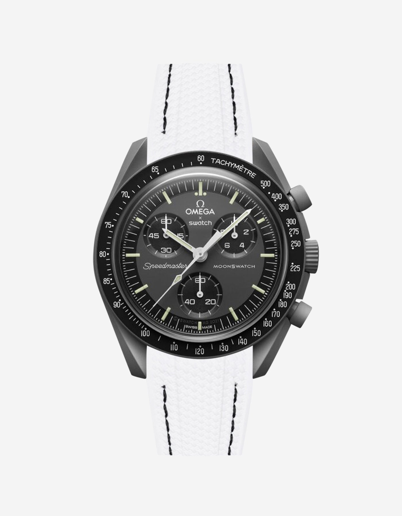 Black Omega  X Swatch Mercury  watch with detailed face on a white background
