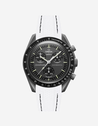 Black Omega  X Swatch Mercury  watch with detailed face on a white background