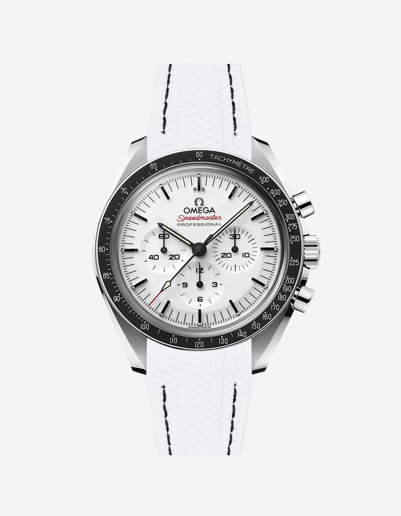 Omega Speedmaster watch with white and black stitches vertech rubbber watch strap from Wristbuddys and white dial on a white background