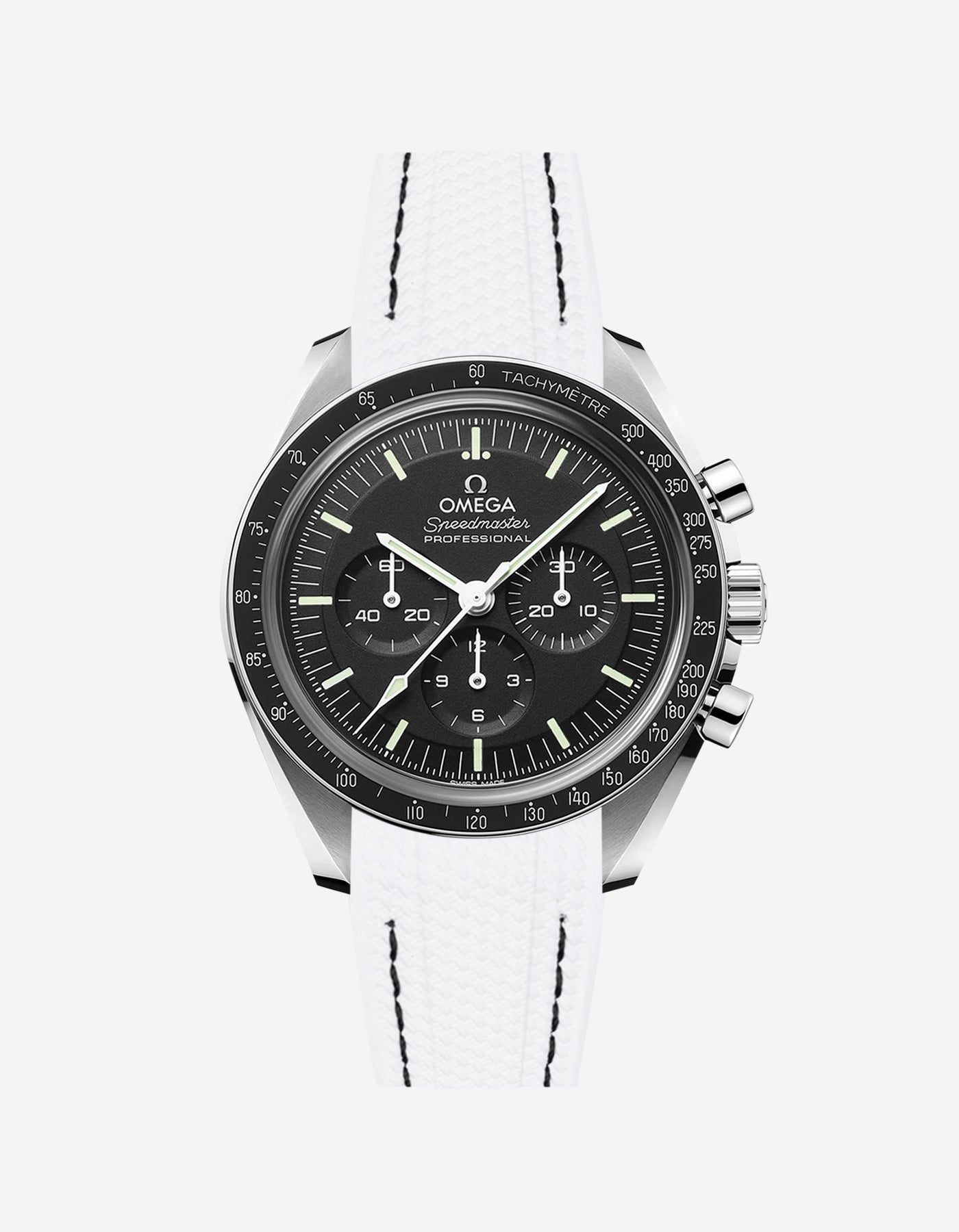 Black Omega Speedmaster watch with a white & black stitches vertech rubber watch strap from Wristbudyss and a detailed face on a white background