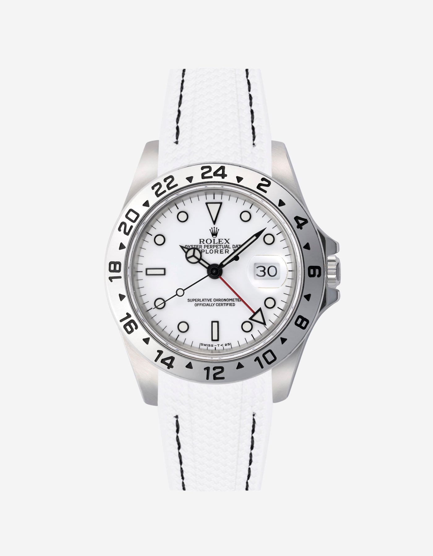 Rolex Explorer 16570 watch with white dial and on a white & Black stitches vertech rubber watch strap with gray background