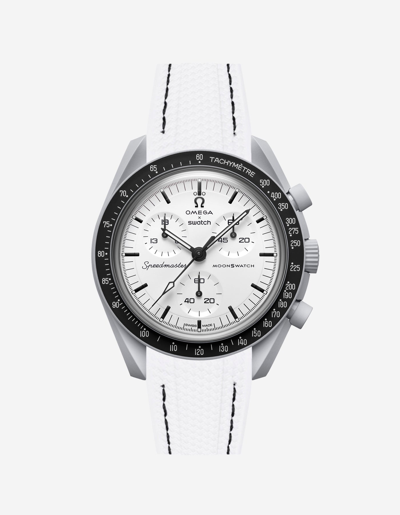 Omega X Swatch MoonSwatch 1965 watch with white strap and white face on a light gray background