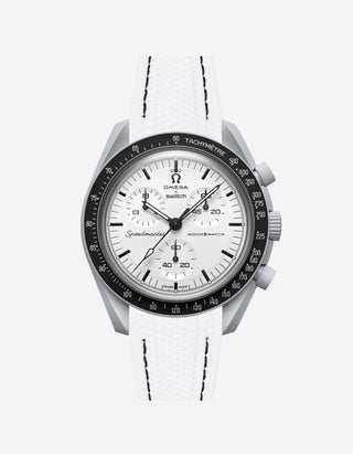 Omega X Swatch MoonSwatch 1965 watch with white strap and white face on a light gray background