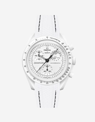 Omega X Swatch MoonSwatch Mission to the MoonPhase on a white vertech rubber watch strap with a white background showcasing both the watch and the watch strap from Wristbuddys