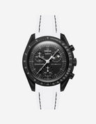 Black Omega X Swatch MoonSwatch Mission to The Moonphase - New Moon with a white vertech rubber watch strap and a with detailed face on a white background