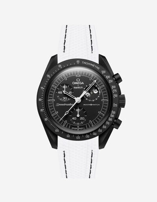 Black Omega X Swatch MoonSwatch Mission to The Moonphase - New Moon with a white vertech rubber watch strap and a with detailed face on a white background