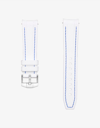 White vertech rubber watch strap with blue stitching on a white background