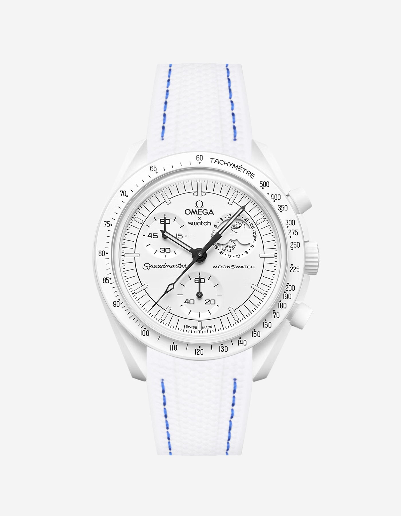 Omega X Swatch MoonSwatch Mission to the MoonPhase on a white & blue stitches vertech rubber watch strap with a white background showcasing both the watch and the watch strap from Wristbuddys