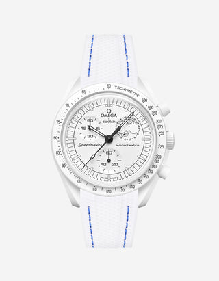 Omega X Swatch MoonSwatch Mission to the MoonPhase on a white & blue stitches vertech rubber watch strap with a white background showcasing both the watch and the watch strap from Wristbuddys