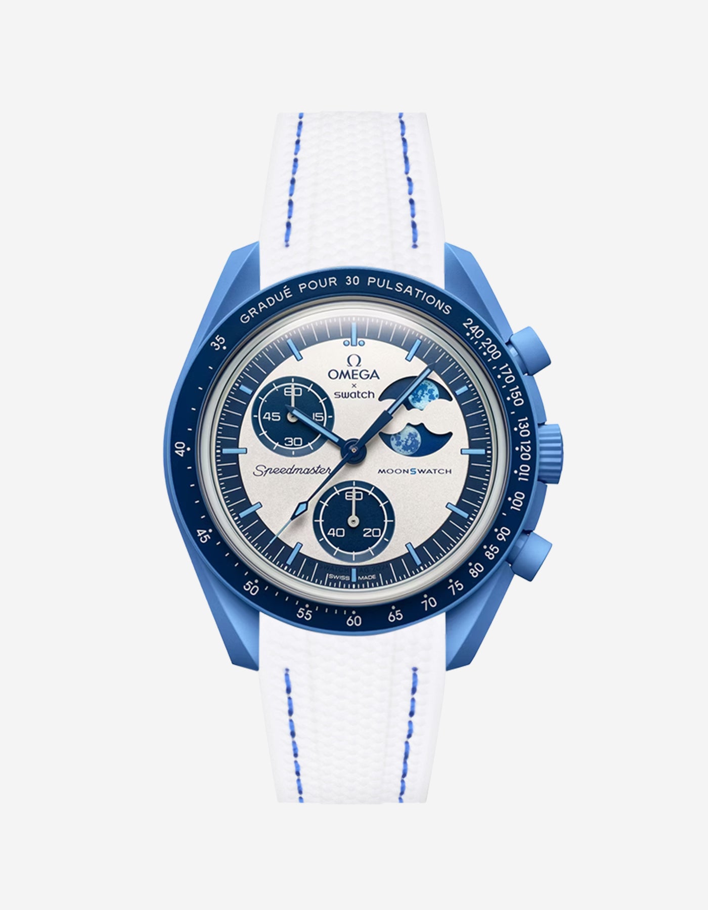 Blue Omega X Swatch MoonSwatch Mission to the Super Blue Moonphase with a white & blue stitches vertech rubber watch strap and a with detailed face on a white background