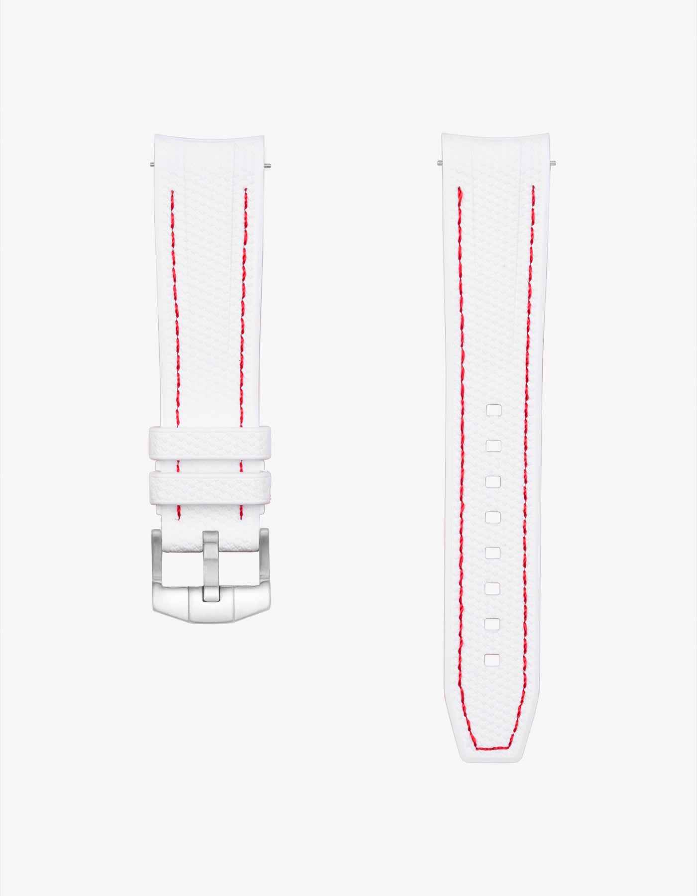 White vertech rubber watch strap with red stitching  Omega Speedmaster on a white background