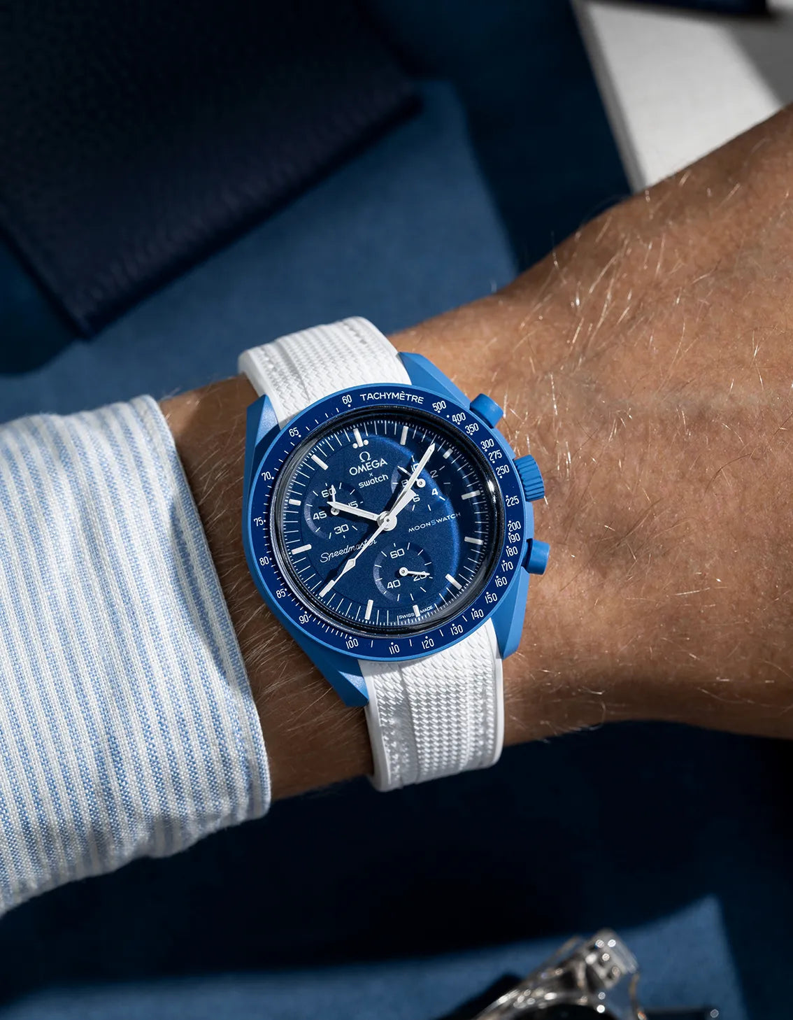 White Vertech rubber strap for Omega MoonSwatch, shown on the Mission to Neptune model in a wrist shot