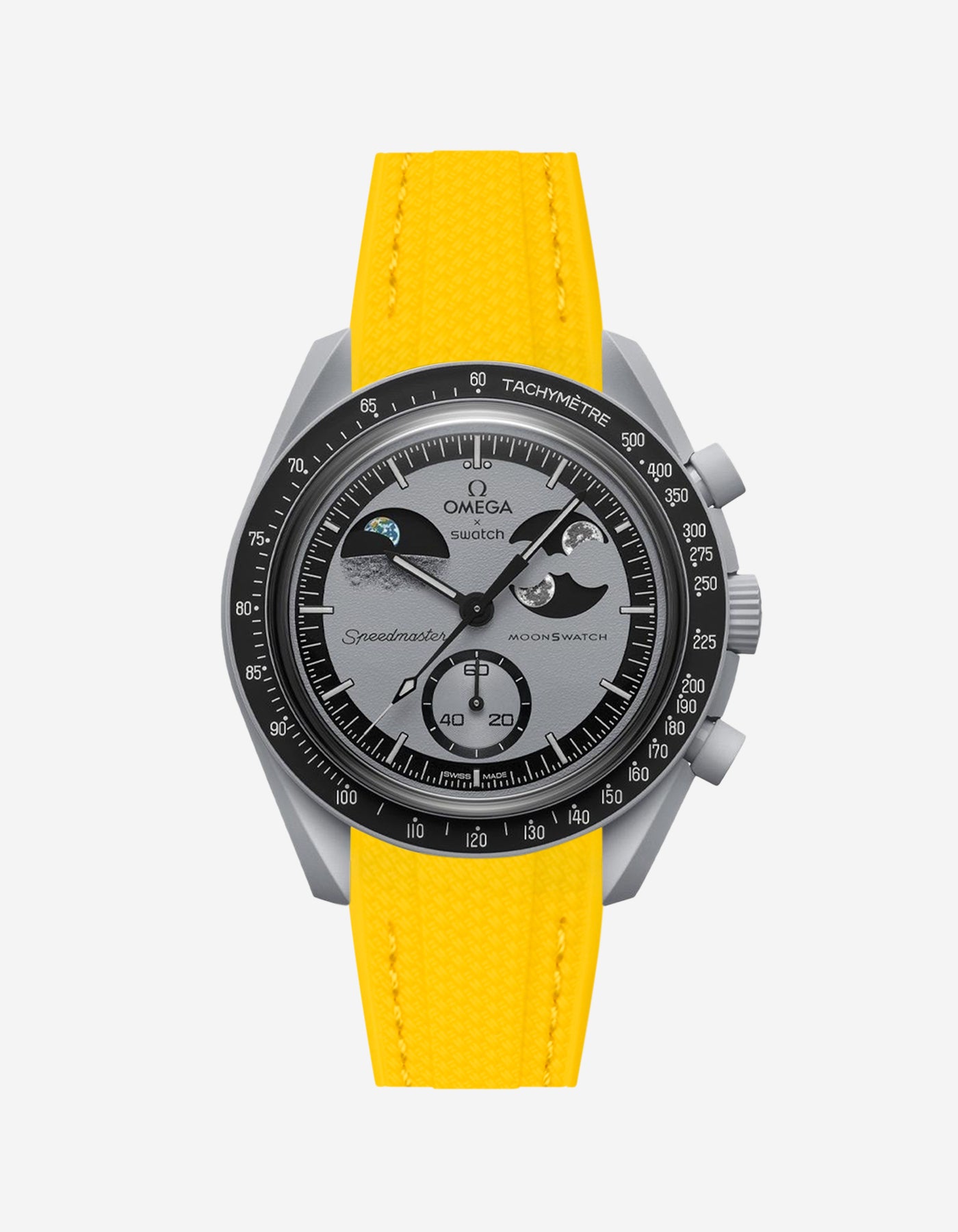 Watch with yellow strap and gray case on white background