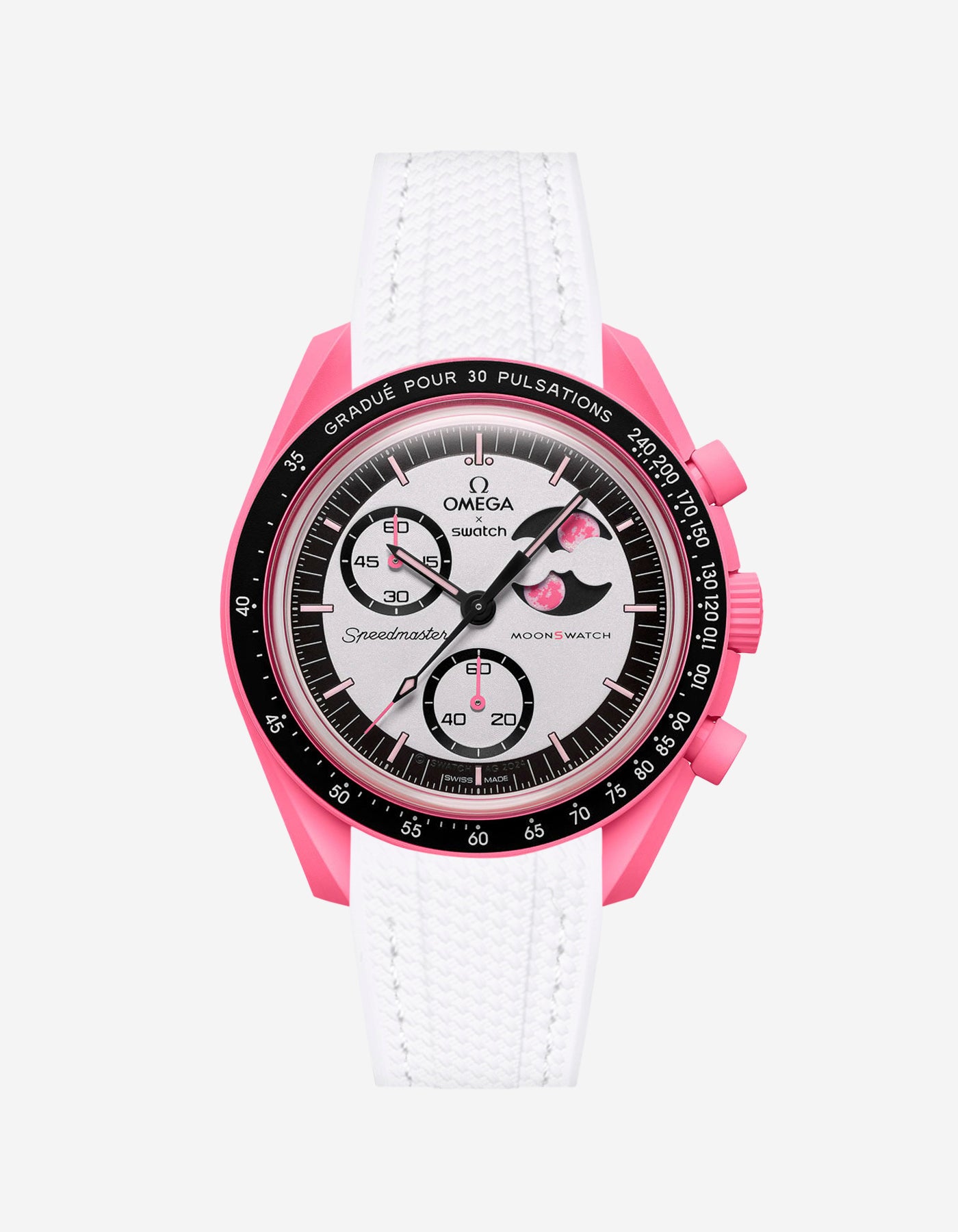 Pink and black watch with detailed face on a white background