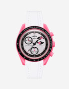 Pink and black watch with detailed face on a white background