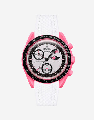 Pink and black watch with detailed face on a white background