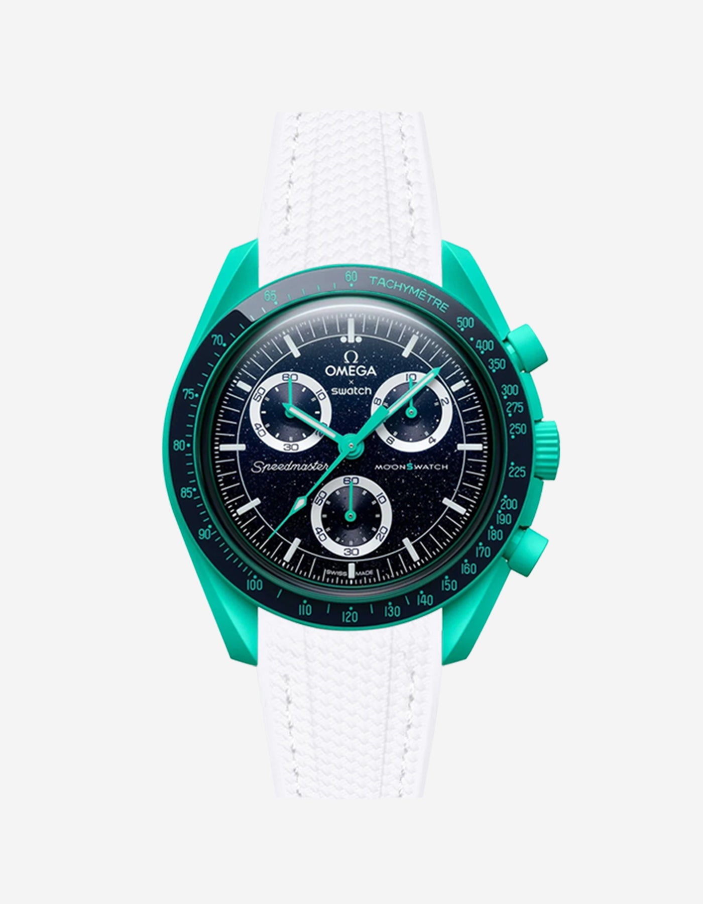 Omega X Swatch watch with white strap and green bezel on a white background