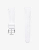 White watch strap with silver buckle on a white background