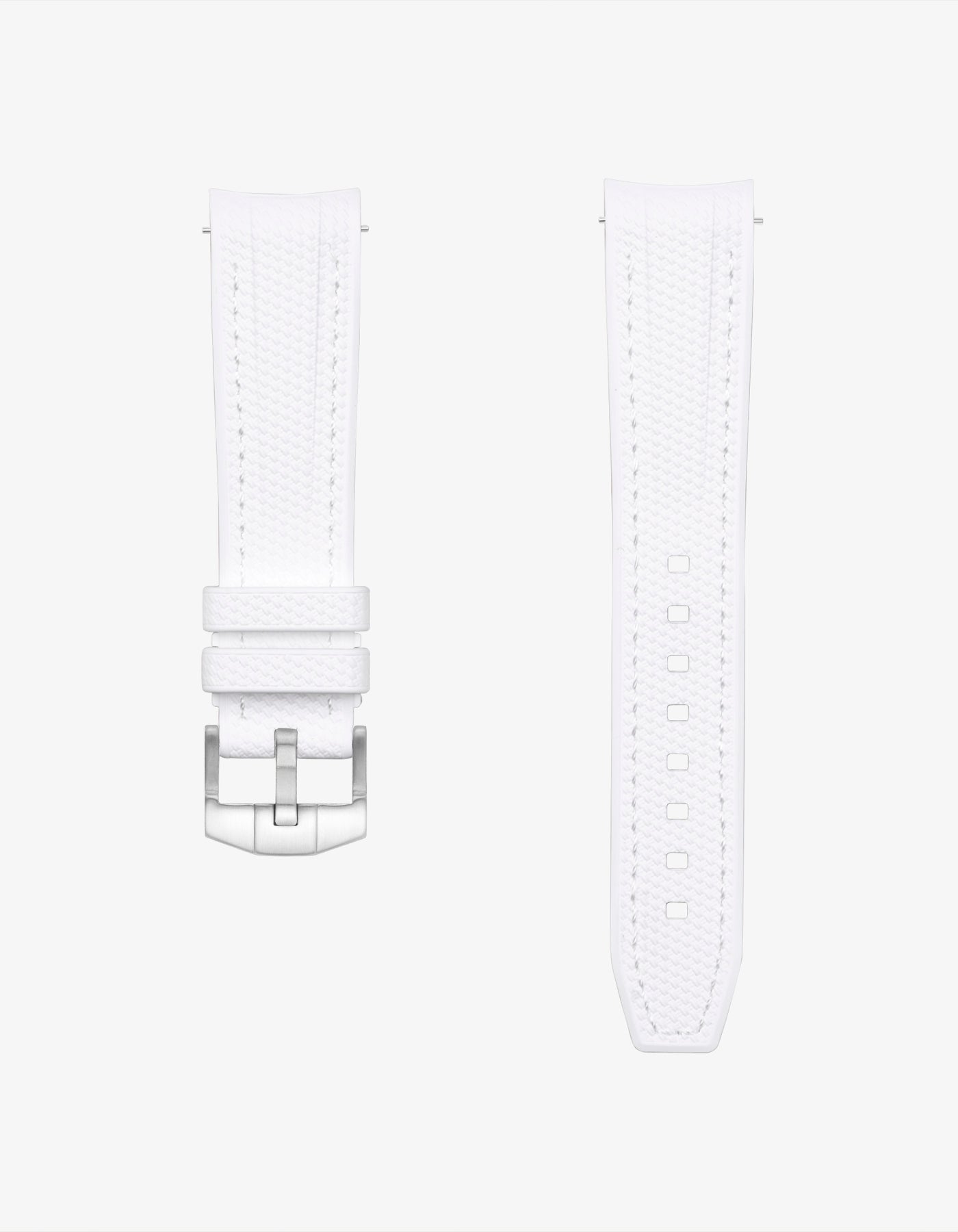 White watch strap with silver buckle on a white background
