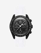 Black Omega X Swatch MoonSwatch Mission to The Moonphase - New Moon with a white vertech rubber watch strap and a with detailed face on a white background