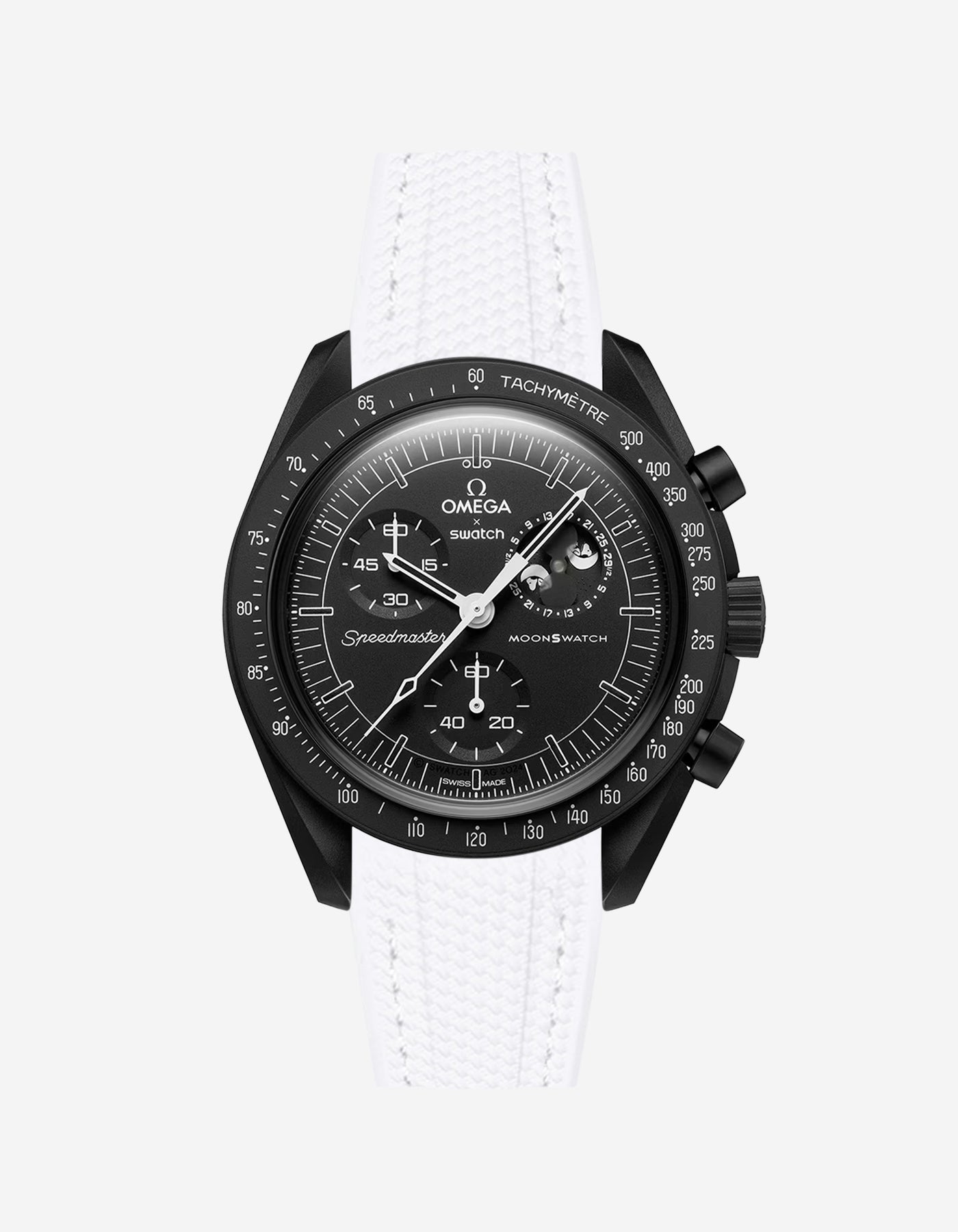 Black Omega X Swatch MoonSwatch Mission to The Moonphase - New Moon with a white vertech rubber watch strap and a with detailed face on a white background