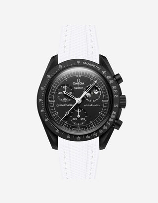 Black Omega X Swatch MoonSwatch Mission to The Moonphase - New Moon with a white vertech rubber watch strap and a with detailed face on a white background