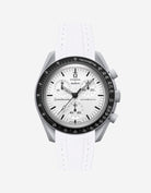 Omega X Swatch MoonSwatch 1965 watch with white strap and white face on a light gray background