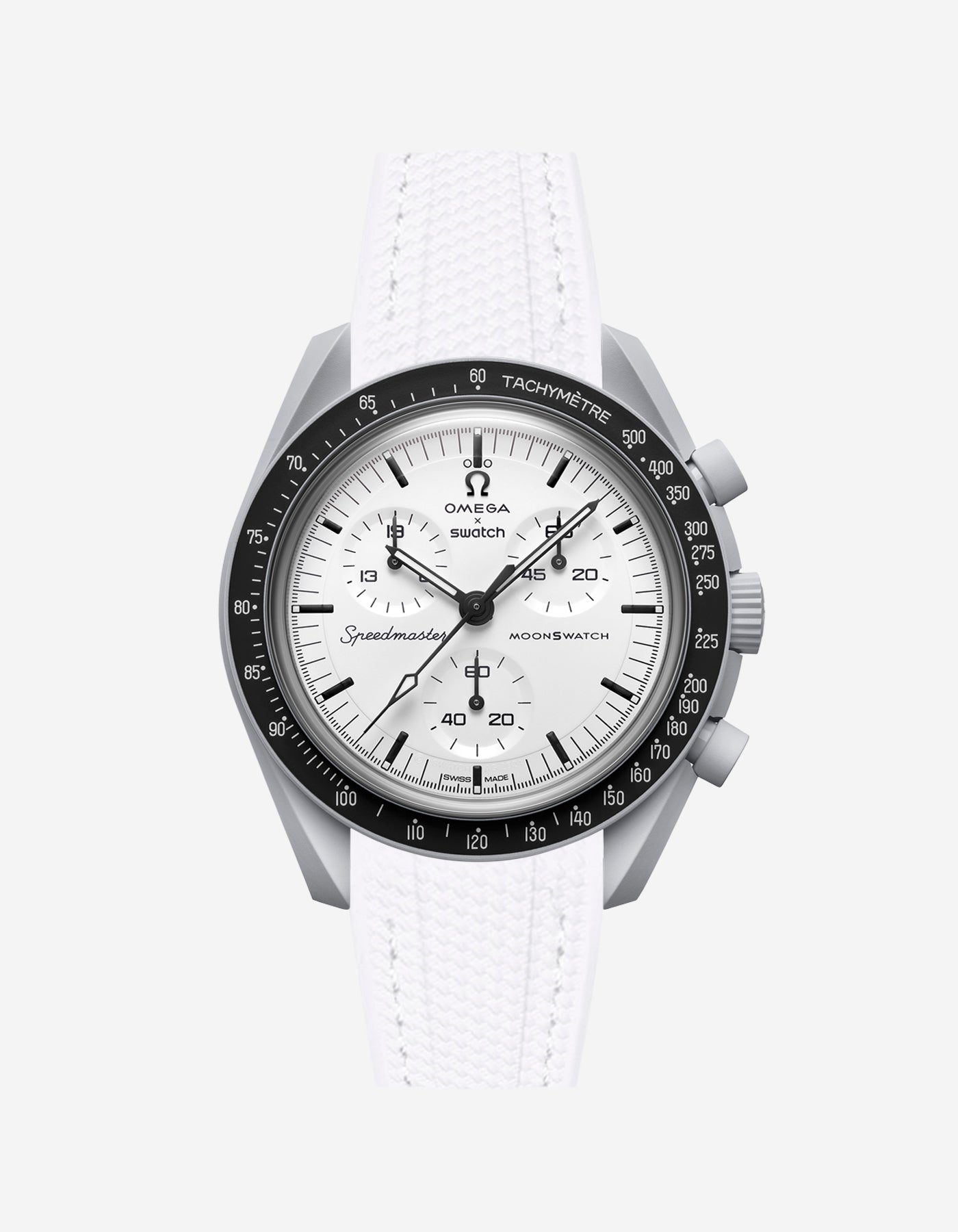 Omega X Swatch MoonSwatch 1965 watch with white strap and white face on a light gray background