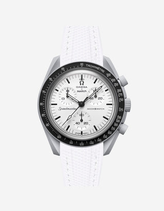 Omega X Swatch MoonSwatch 1965 watch with white strap and white face on a light gray background