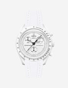 Omega X Swatch MoonSwatch Mission to the MoonPhase on a full white vertech rubber watch strap with a white background showcasing both the watch and the watch strap from Wristbuddys