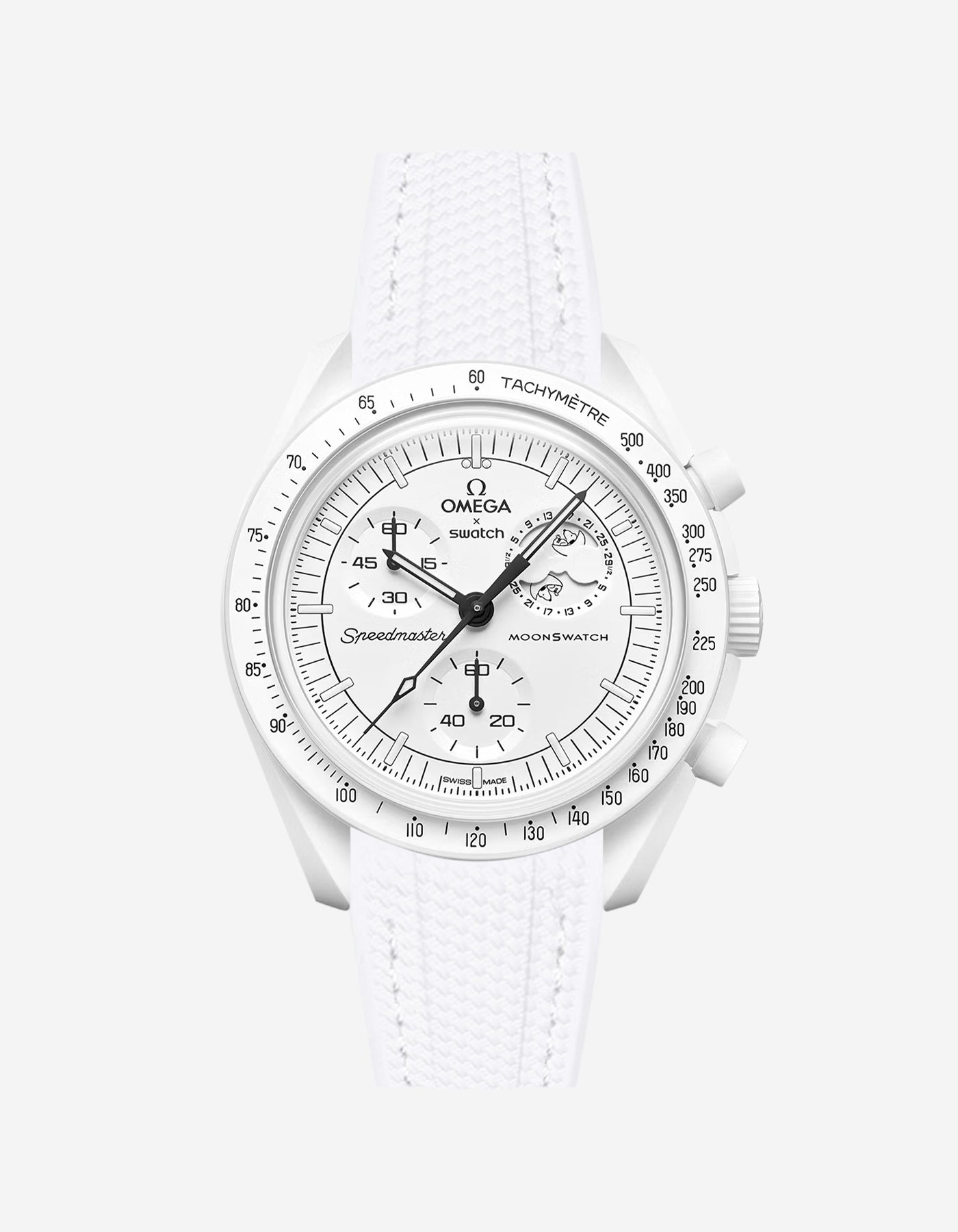 Omega X Swatch MoonSwatch Mission to the MoonPhase on a full white vertech rubber watch strap with a white background showcasing both the watch and the watch strap from Wristbuddys