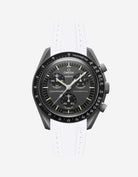 Black Omega  X Swatch Mercury  watch with detailed face on a white background