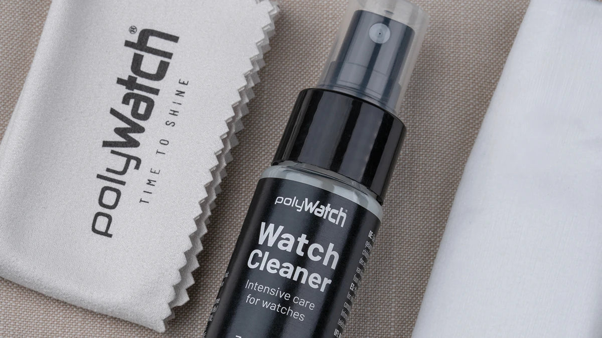 Watch cleaning kit featuring a PolyWatch cleaner spray and microfiber cloth for intensive watch care