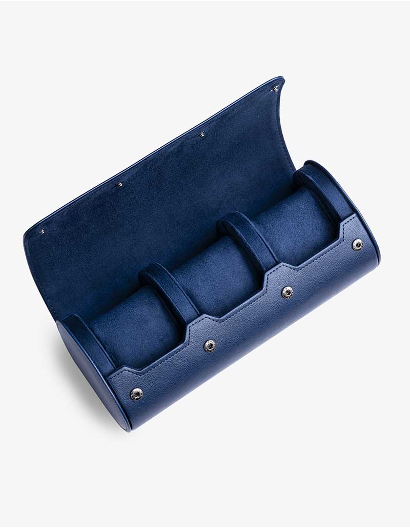 Interior of the 3 Slot Watch Roll in Navy Blue with soft suede lining and slots for three watches