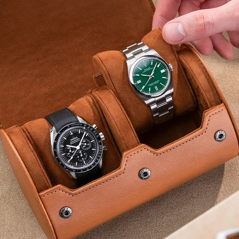 2 Slot Watch Roll Brown with two luxury watches securely stored in individual compartments, showcasing the premium calfskin leather and suede interior for stylish and protective storage