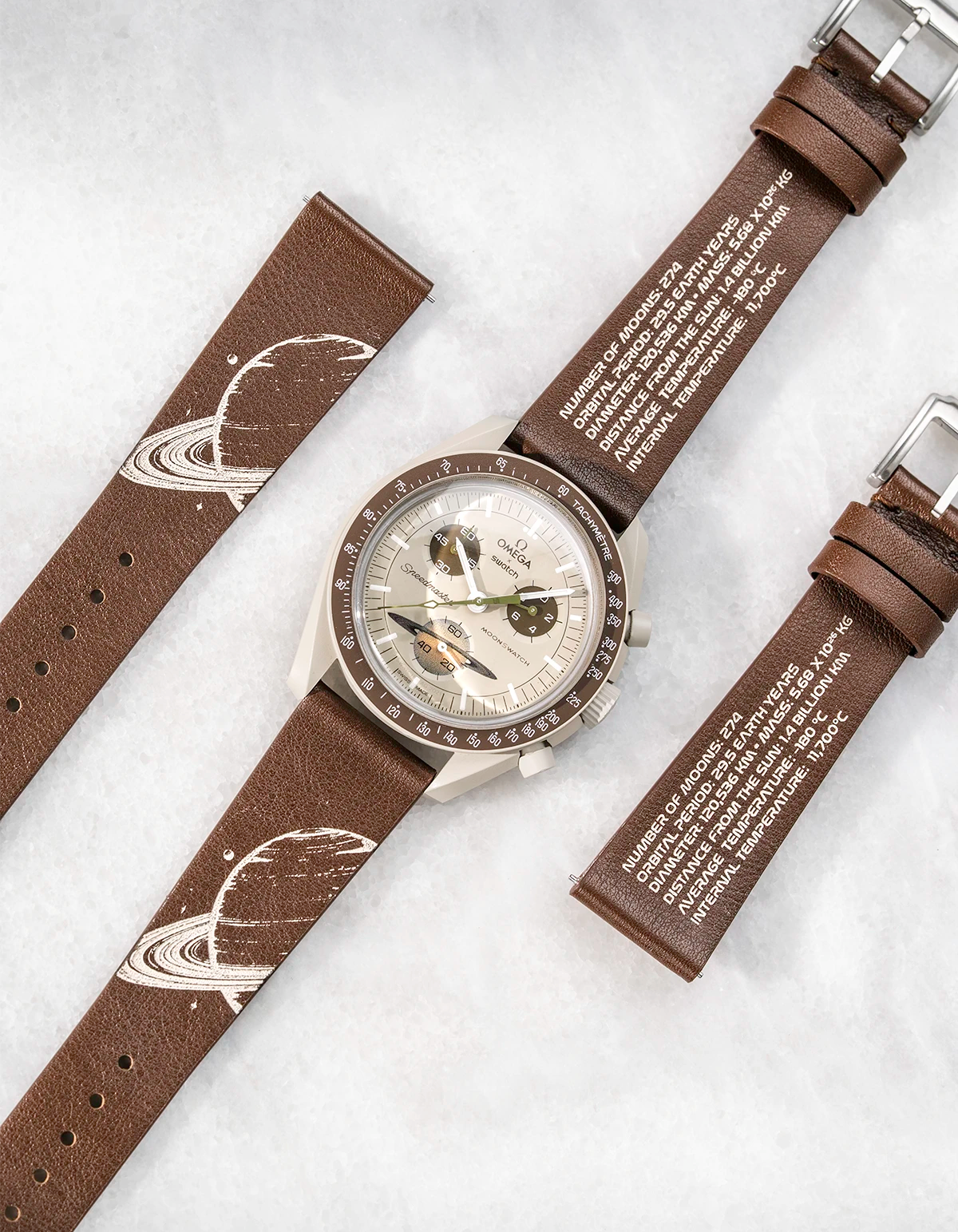 Calfskin Strap for MoonSwatch Mission to Saturn – Wristbuddys x REM flatlay with watch