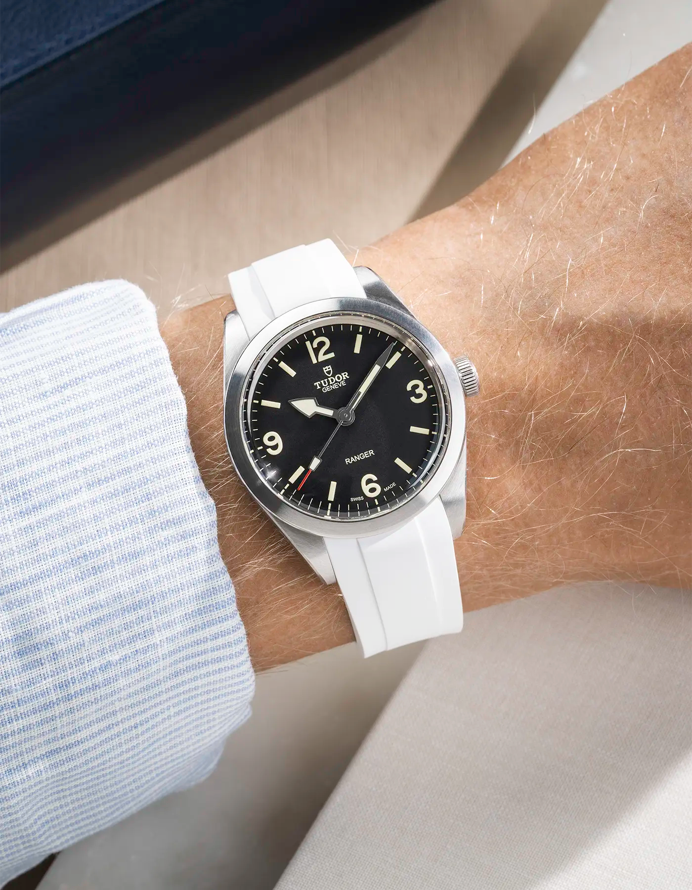 Wrist shot with shirt on white Rubber Strap for Tudor Ranger 39mm