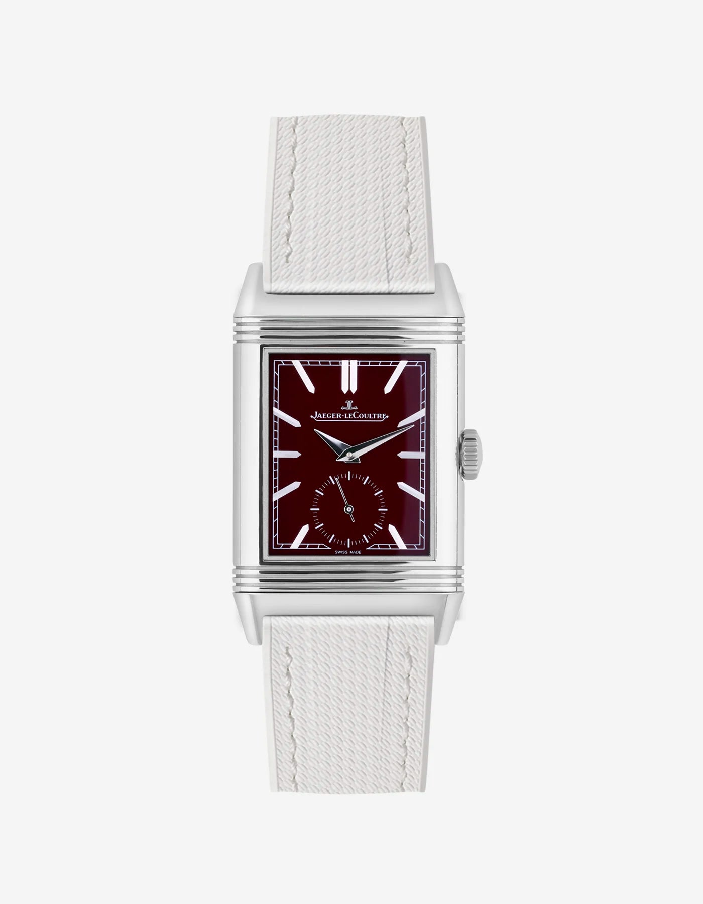 White FKM rubber strap mounted on Jaeger LeCoultre Reverso watch 20mm with polished buckle, front-facing image