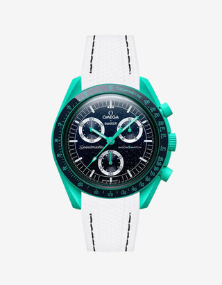 White rubber watch strap with black stitching for the Omega x Swatch MoonSwatch Mission on Earth – Polar Lights, shown fitted on the watch