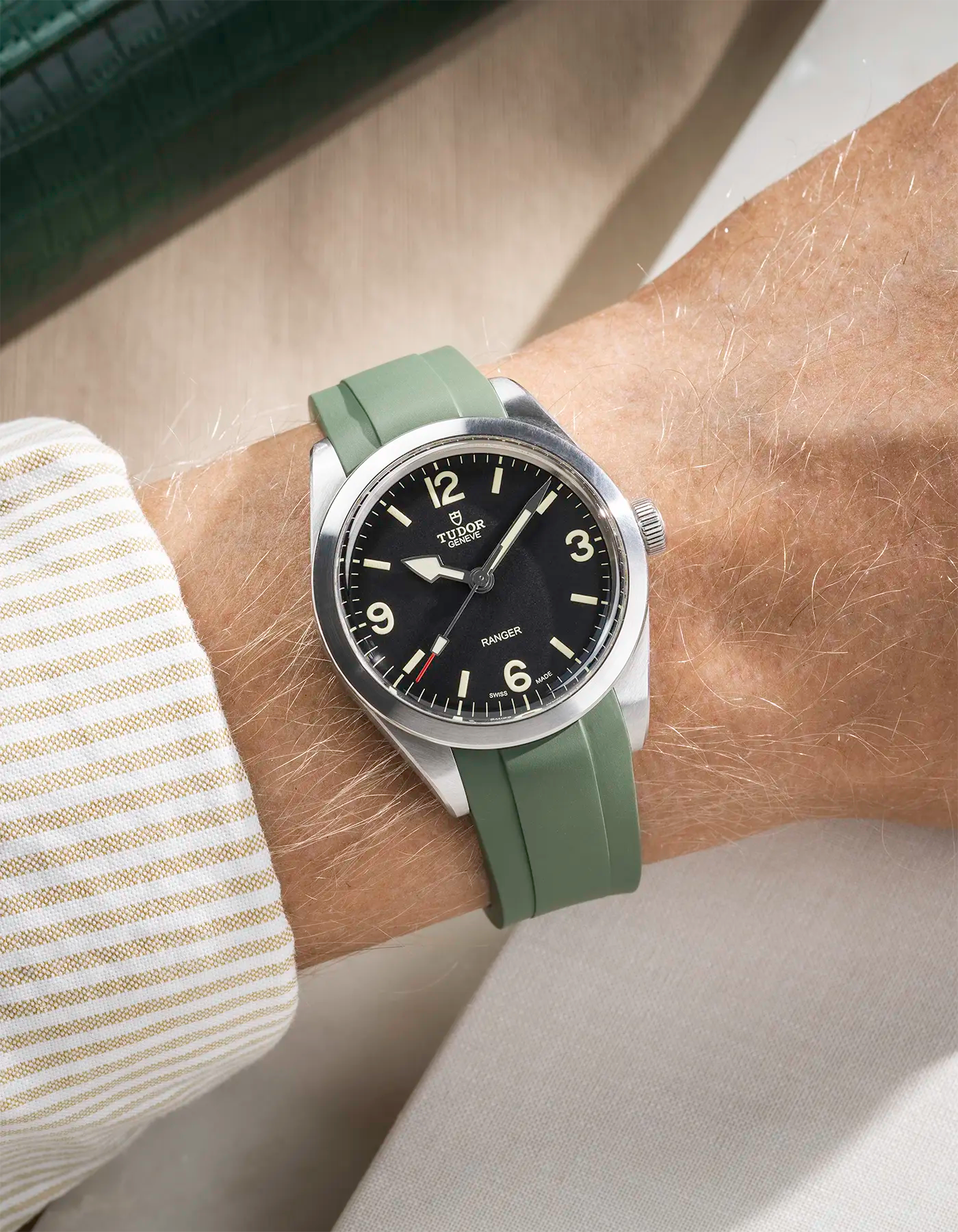 Green Rubber Strap for Tudor Ranger 39mm wrist shot with shirt
