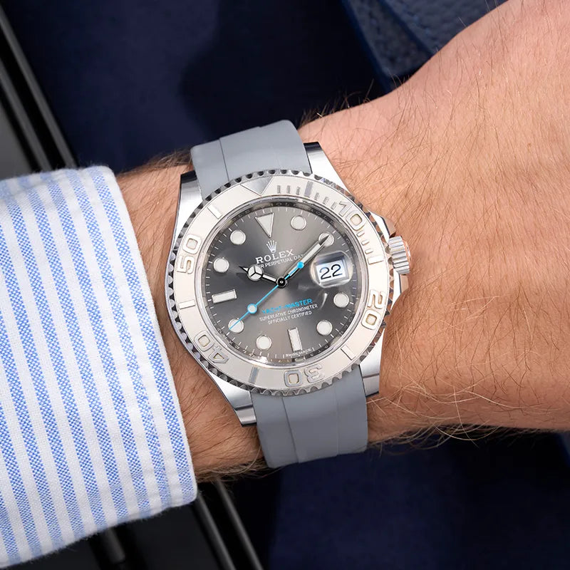 Rolex Yacht Master watch with a grey rubber strap from Wristbuddys, part of the premium collection of straps for Rolex Yacht Master.